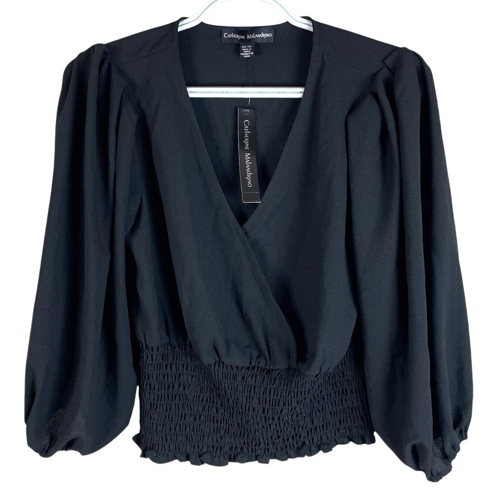 Catherine Malandrino‎ Blouse Womens XS Black Smocked Puff Sleeve V-Neck Peplum